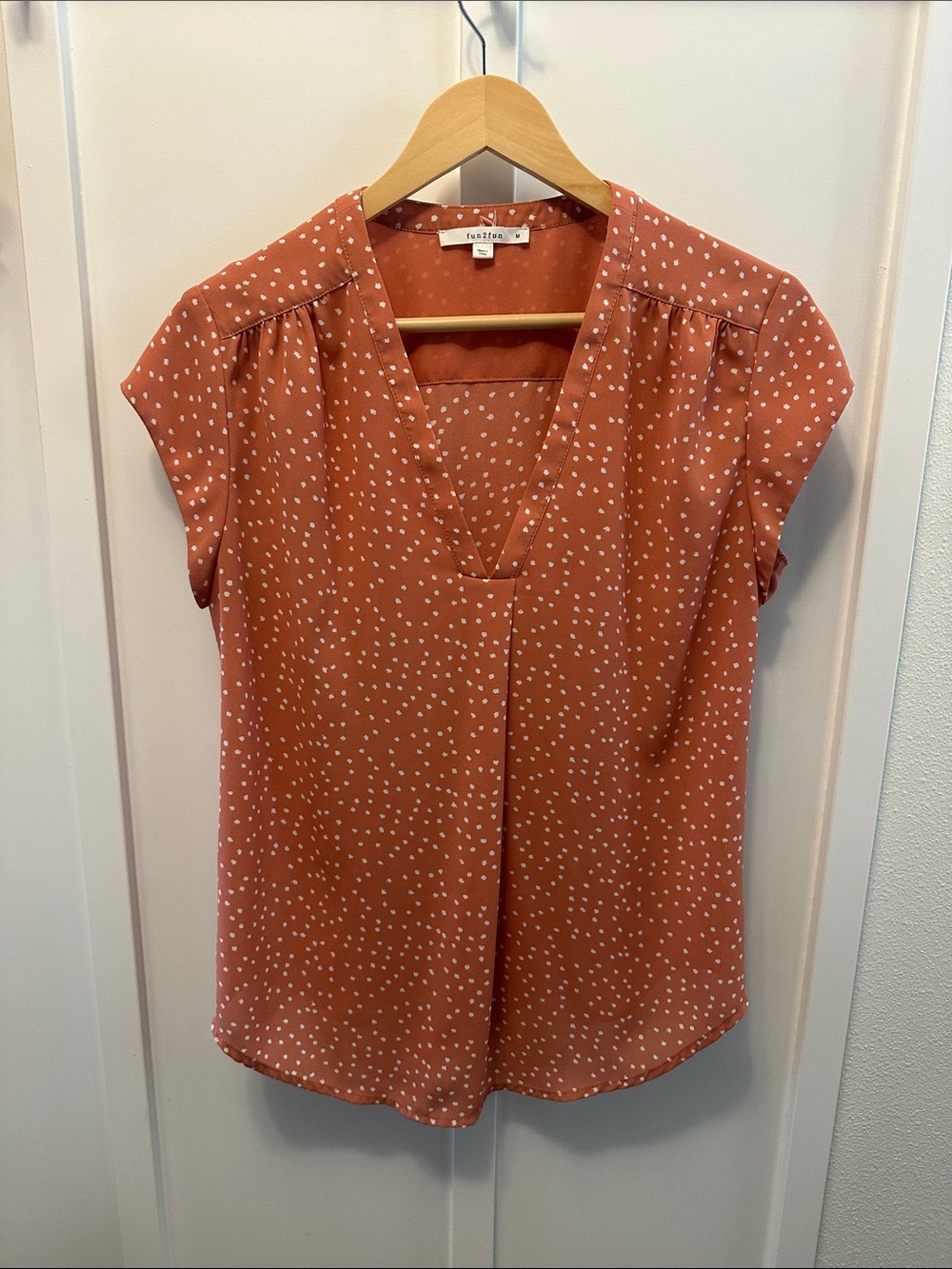 fun 2 fun Terra Cotta Polka Dot V-Neck Cap Sleeve Blouse